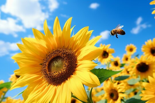 Bee on sunflower, collecting pollen. Nature photo. Generative AI