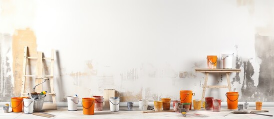 Indoor shot of construction site for home renovation showing tools paint buckets and primer jerry can on white floor with copyspace for text - obrazy, fototapety, plakaty