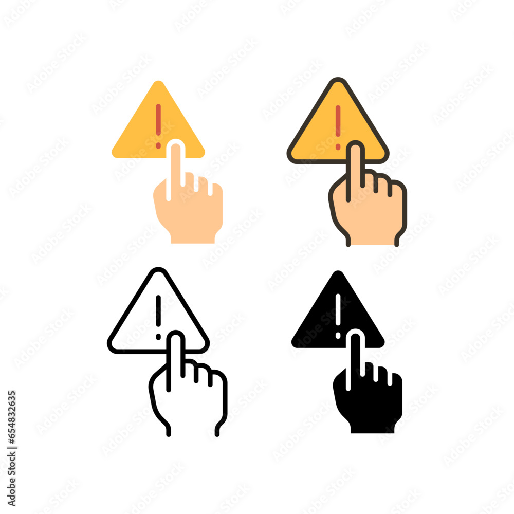 Aufkleber index finger touch triangle warning symbol with exclamation mark inside for no manage hand sign. fin