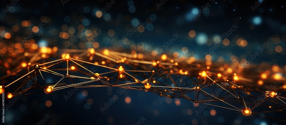 Poster digital dots connecting in an abstract network structure depicted in a on a widescreen technology ba