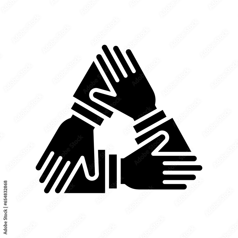 Poster three hands support each other. collaboration teamwork thin line solid. support, business friendship