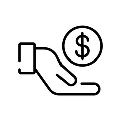 Save money icon, salary money, simple one hand holding dollar coin for donation, pay charity, payment investment. financial wealth Stroke line vector illustration design