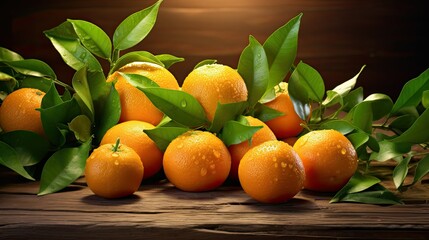 close-up of fresh and ripe tangerines with lush green leaves on a wooden table.