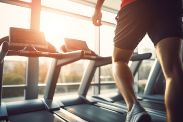 Fototapeta na wymiar Man in sportswear exercising on treadmill machine. People running on a treadmill in the gym fitness club. Healthy lifestyle concept, sport activity. Generative AI