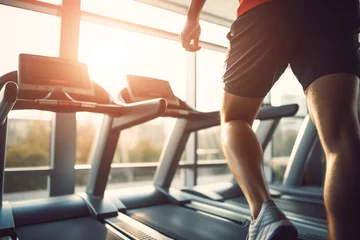 Crédence de cuisine en verre imprimé Fitness Man in sportswear exercising on treadmill machine. People running on a treadmill in the gym fitness club. Healthy lifestyle concept, sport activity. Generative AI