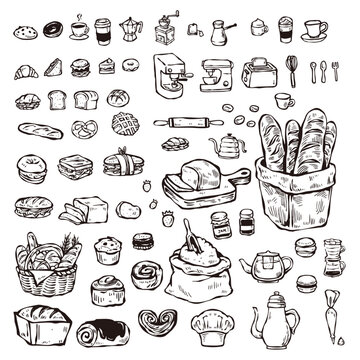 Set Of Cafe Coffee Bakery Vector Hand Drawn Illustration. Perfect For Menu Cafe & Coffee Package Design. 