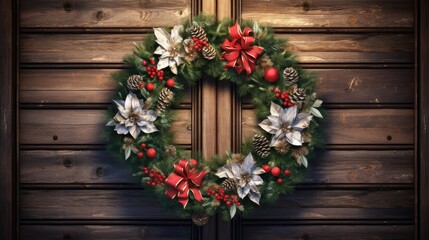 Fototapeta na wymiar a Christmas wreath, lovingly crafted and displayed against a wooden background.