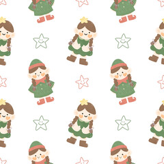 Cute kawaii cartoon  Christmas seamless pattern with little girl santa elf, doodle hand drawn watercolor  illustration.