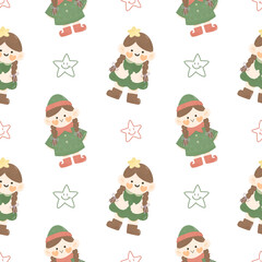 Cute kawaii cartoon  Christmas seamless pattern with little girl santa elf, doodle hand drawn watercolor  illustration.