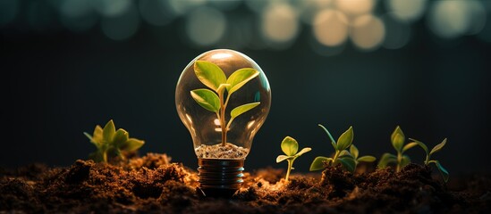 Sustainable energy sources using plant growth in bulbs with copyspace for text - obrazy, fototapety, plakaty
