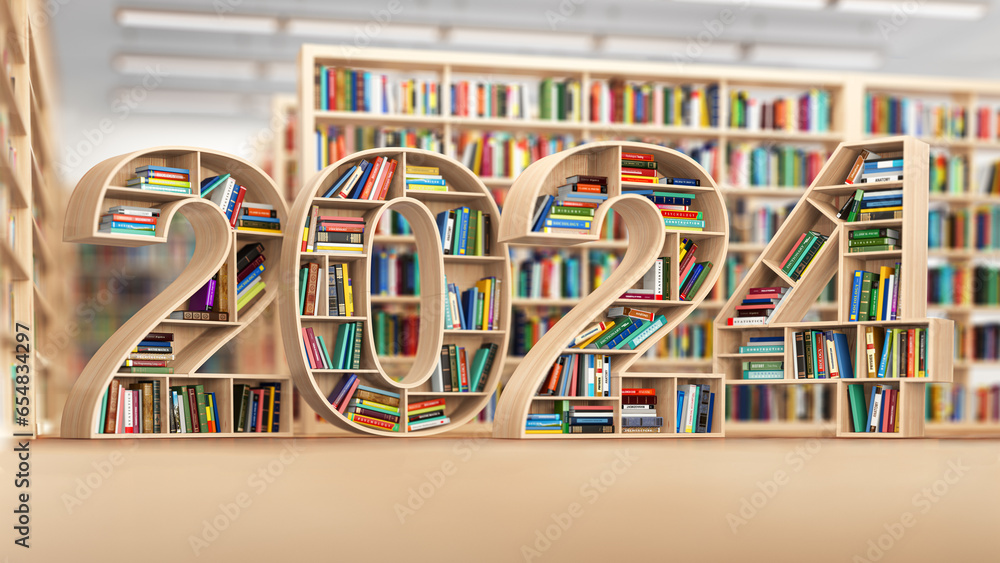 Poster 2024 new year education concept. bookshelves with books in the form of text 2024 in library.