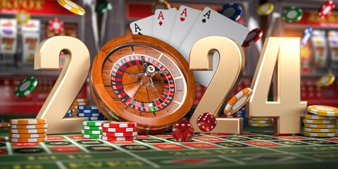 2024 Happy New Year in casino. Numbers 2024 from roulette, casiino chips with dice and card on green table. - obrazy, fototapety, plakaty