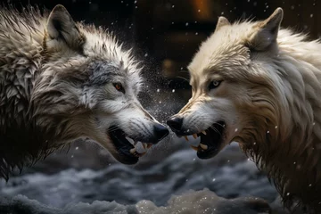 Fotobehang communication between two wolves. Generative AI © Zephyr