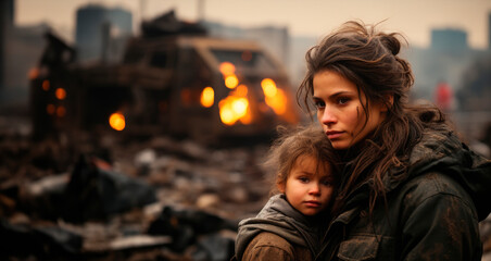 People against the backdrop of destruction. War consequences concept