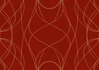 Hand-drawn unique abstract symmetrical seamless gold ornament on a bright red background. Paper texture. Digital artwork, A4. (pattern: p10-1a)