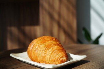 croissant on a white plate in a coffee shop