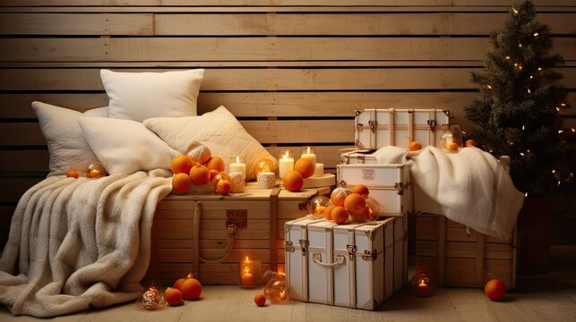a festive and cozy image featuring white boxes filled with ripe tangerines for New Year and Christmas.