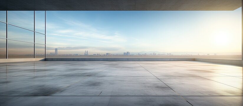 Early morning photorealistic showing a modern building s exterior and horizontal empty cement floor with copyspace for text