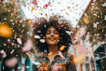 poc woman surrounded by confetti celebrating and happy , from low angle - obrazy, fototapety, plakaty