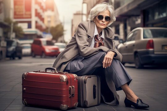 Senior woman sitting with suitcase on the city street