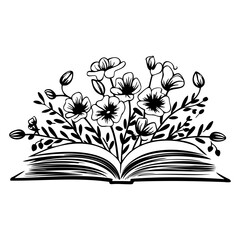 open book with wildflowers, Floral book and feather isolated clip art, Book lovers hand drawn print, 
