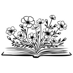 open book with wildflowers, Floral book and feather isolated clip art, Book lovers hand drawn print, 