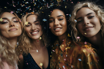 group of diverse woman surrounded by confetti celebrating and happy at party with black background - obrazy, fototapety, plakaty