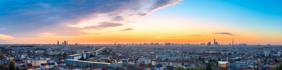 Essen Skyline at Sunset - Captivating German Architecture Fused with Breathtaking Blue Sky and City Landscape in Ruhr Europa - obrazy, fototapety, plakaty
