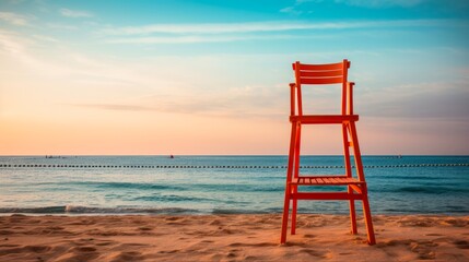 Empty Lifeguard Chair on Sandy Coastal Beach of Sahl Hasheesh Bay at Sunset in Hurghada, Egypt - obrazy, fototapety, plakaty