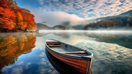 Fall Beauty at Lake Santeetlah in Great Smoky Mountains, North Carolina - Colorful Fishing Boats and Canoes Docked by the Cloudy County Dock - obrazy, fototapety, plakaty