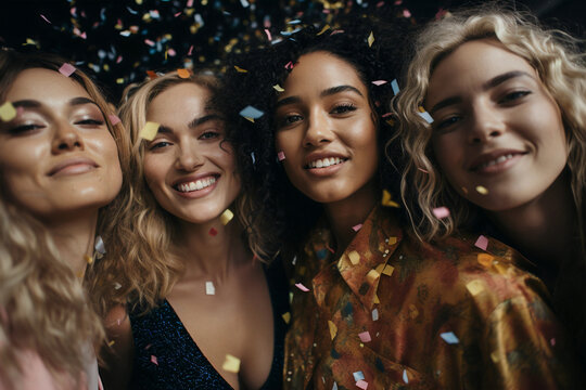 group of diverse woman surrounded by confetti celebrating and happy at party with black background