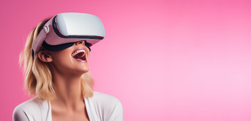 An Energetic Young Woman Enjoying Herself with Virtual Reality Goggles in a Professional Studio Photo, with a Light Pink Background