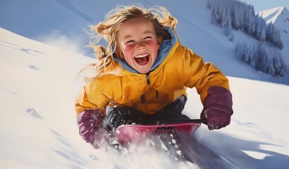 Fototapeta na wymiar Children are sledding down the snowy slope