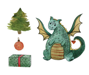 Watercolor Set, dragon, green Christmas tree, gift and ball, Christmas tree toy, isolated on a white background