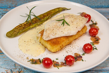 FISH RECIPE, SAINT-PIERRE SEAFISH, FILLET ACCOMPANIED BY PANNE RICE, THAI AUBERGINE, TOMATO,...