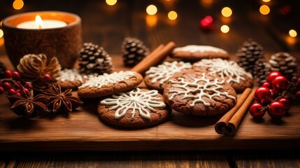 Obraz na płótnie Canvas on a wooden background, close-up of ginger chocolate Christmas cookies artfully arranged on a board.