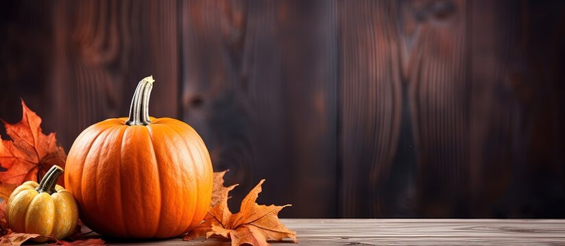 Halloween themed autumn background with pumpkin decoration on wooden table in kitchen with copyspace for text