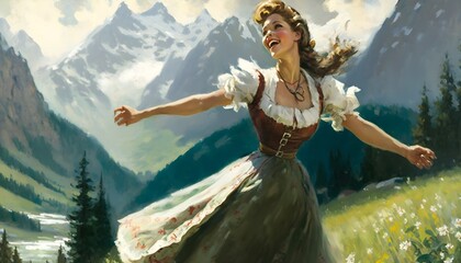 a joyful woman in dirndl dances and twirls in a meadow with the mountainous alps behind her in the distance the woman is enjoying the sound of natures music2 text label plaque qr code bar code 