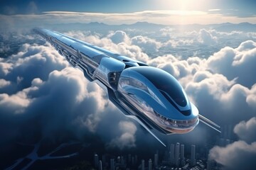 Flying passenger train. Futuristic sci fi city in clouds. concept of the future. Aerial fantastic view.