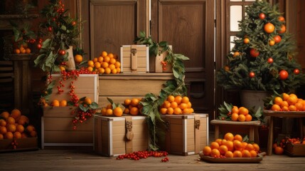Obraz na płótnie Canvas an abundance of tangerines for New Year and Christmas, laid out in wooden boxes, a visually pleasing composition