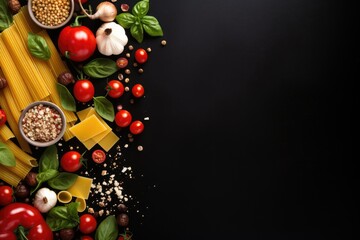 Food ingredients background with fresh vegetables, pasta, parmesan cheese and spices. Top view, view from above. Copy space. Dark background.
