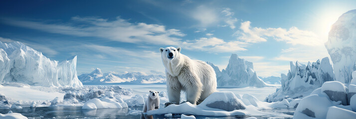 mother polar white bear with a cub on snow and ice by water in winter in nature - obrazy, fototapety, plakaty