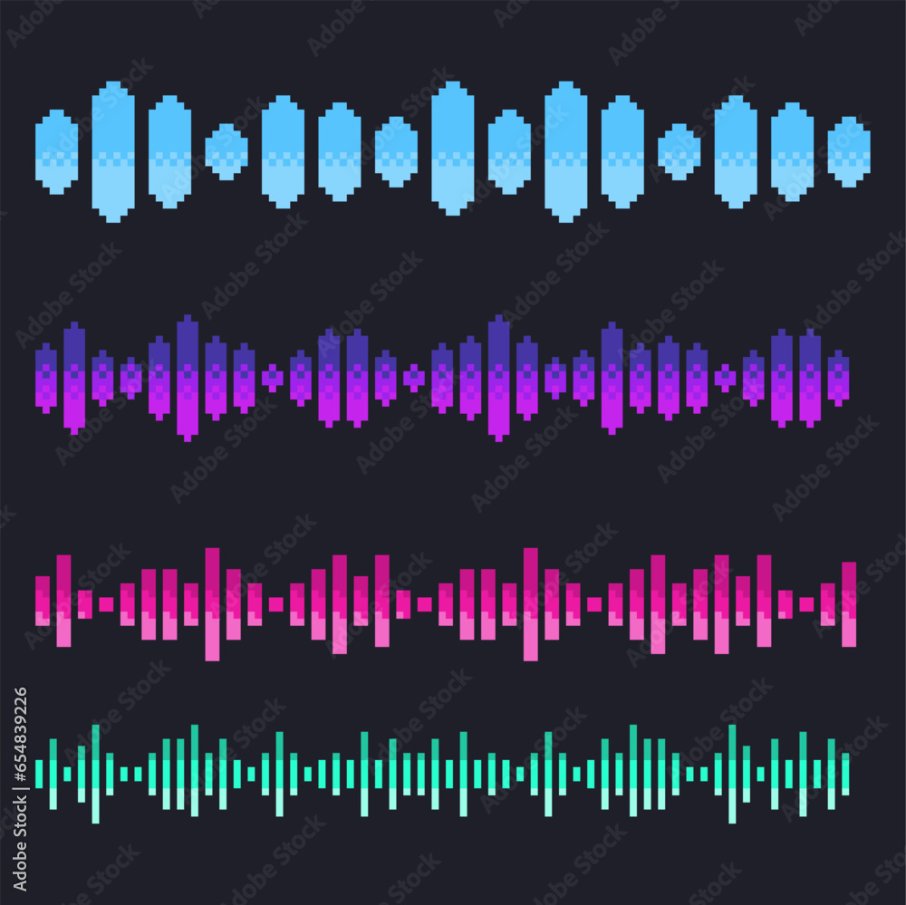 Poster neon bright color audio line visualizer in variant template set, dark pixel art style