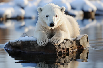 baby polar white bear on ice floe in water in winter - obrazy, fototapety, plakaty