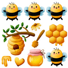 Cute bee mascot set. Cartoon cute bee and honey pot set with paper texture.