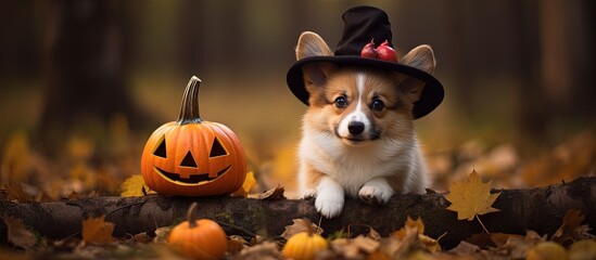 Cute corgi puppy wearing witch hat poses in park with pumpkin and leaves with copyspace for text