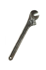 Old adjustable rusty metal wrench isolated