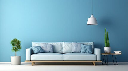 Contemporary 3D room showing blue wall - obrazy, fototapety, plakaty