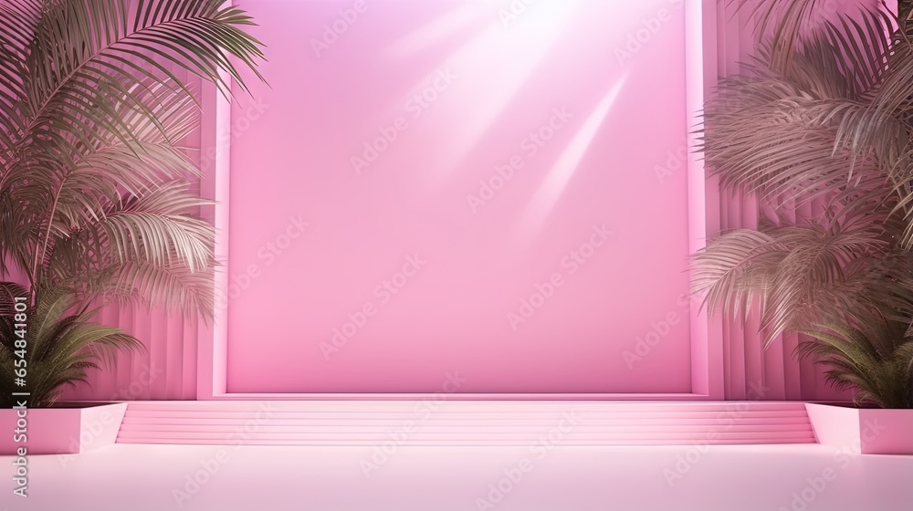 Aufkleber pink gradient backdrop with shadows of window flowers and palm leaves perfect for product presentati
