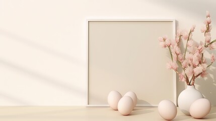 Simple Easter template with white frame eggs and floral shadows on light background